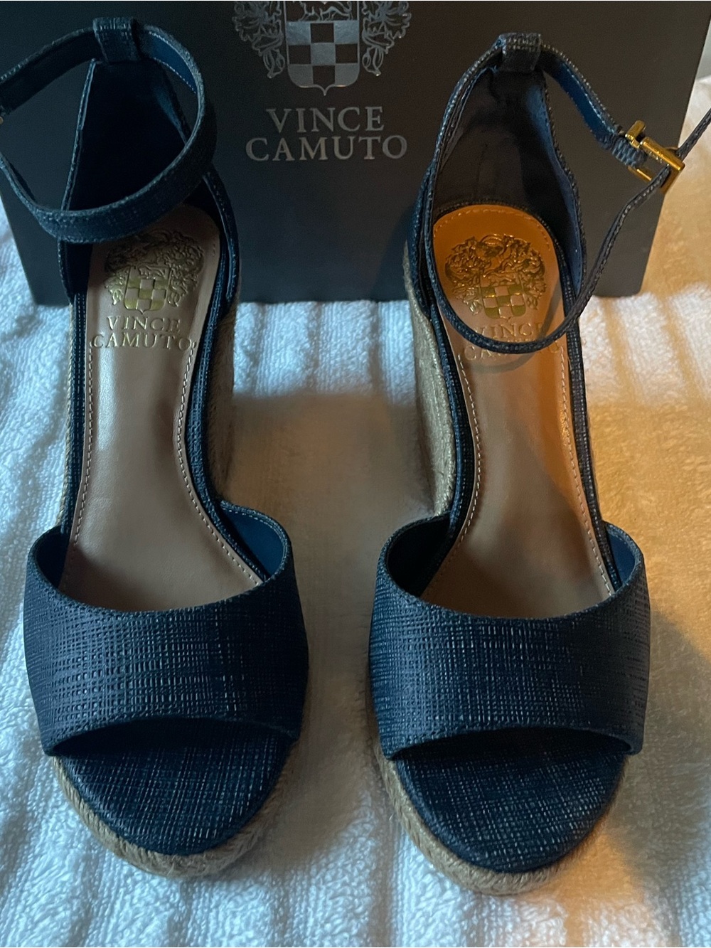 Vince Camuto Navy Linen-Embossed Espadrille Wedge Sandals with Ankle Strap - Picture 2 of 4